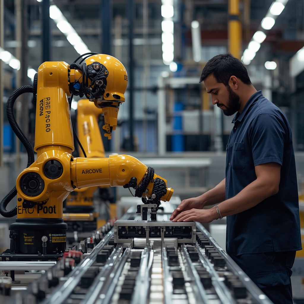 A collaborative robot working alongside a worker on an assembly line demonstrating safe human-robot interaction in a modern factory