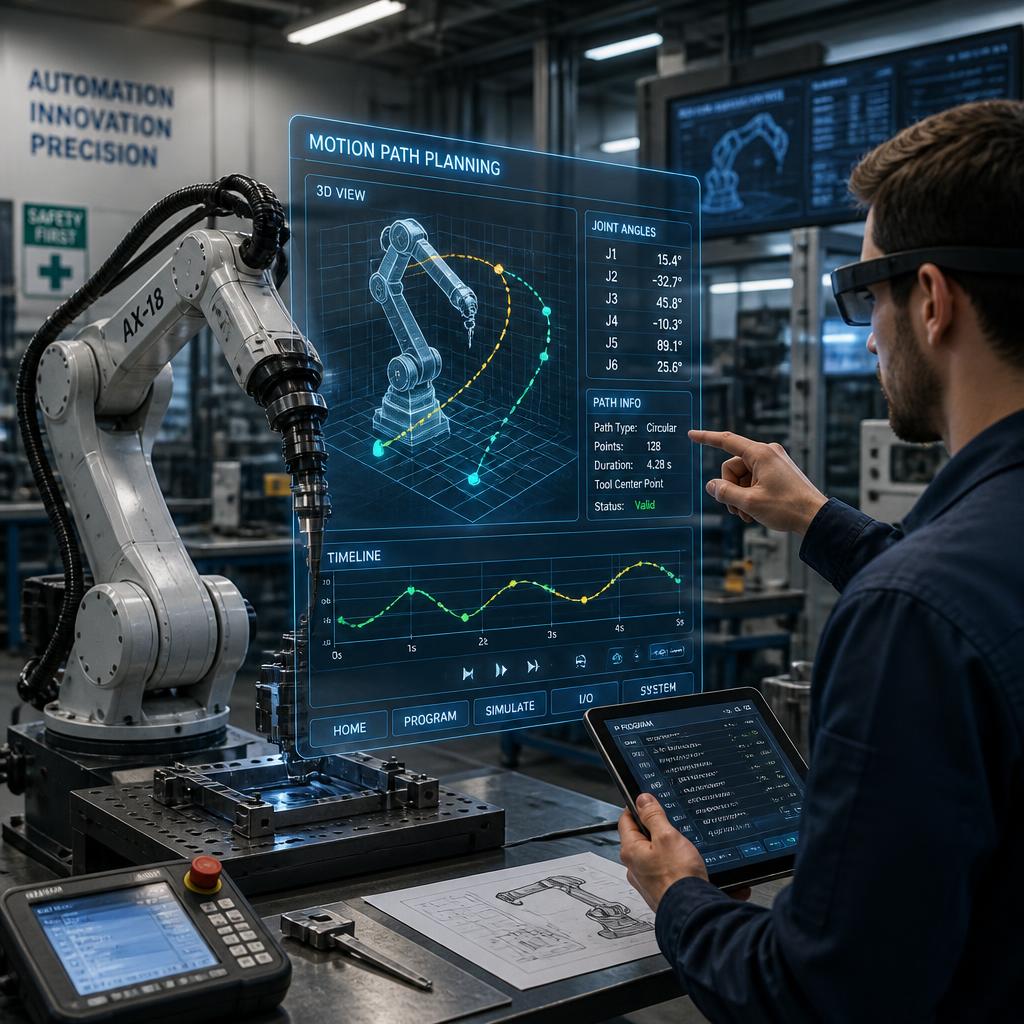A robotic arm being programmed in an industrial automation workshop with holographic interface showing motion path planning data